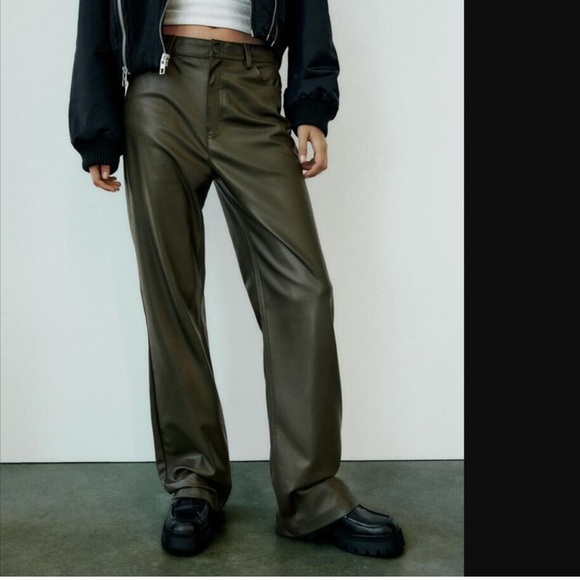 Zara Olive Straight Leg Leather Pants - Picture 1 of 10
